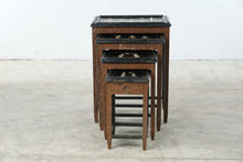 Load image into Gallery viewer, Vintage Asian Carved Wood Nesting Tables with Figural Inlay, Set of 4