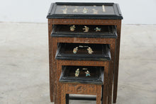 Load image into Gallery viewer, Vintage Asian Carved Wood Nesting Tables with Figural Inlay, Set of 4