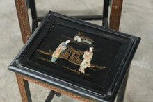 Load image into Gallery viewer, Vintage Asian Carved Wood Nesting Tables with Figural Inlay, Set of 4