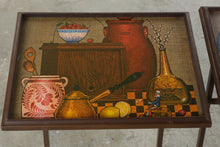 Load image into Gallery viewer, Set of 4 Vintage Folding TV Tray Tables Wood Faux Burlap Folk Art Kitchen Scenes