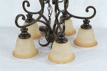 Load image into Gallery viewer, Traditional Bronze 5-Light Chandelier with Amber Glass Shades – 23” x 23”