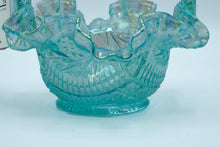 Load image into Gallery viewer, Fenton Blue Opalescent Carnival Glass Handled Basket, Ruffled Rim, Original Label