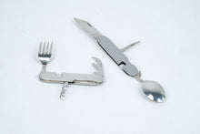 Load image into Gallery viewer, 7-in-1 Camping Tool – Stainless Steel Folding Survival Utensil Set with Knife, Fork, Spoon, Corkscrew & More – Hiking, Hunting, Outdoor Gear