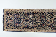 Load image into Gallery viewer, Navy & Ivory 2.6' x 10' Traditional Floral Medallion Handwoven Wool Runner Rug