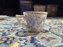 Load image into Gallery viewer, Antique British Blue Transferware Cup – Victorian Cottage Scene with Child & Cat, Rd No. 106741 (c. 1880s)
