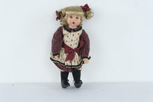 Load image into Gallery viewer, Porcelain Girl Doll 16 Inch Blonde Pigtails Pouty Face Red Black Floral Dress
