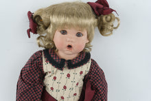Load image into Gallery viewer, Porcelain Girl Doll 16 Inch Blonde Pigtails Pouty Face Red Black Floral Dress