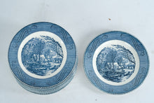 Load image into Gallery viewer, Currier and Ives Royal The Old Grist Mill Blue Transferware Dinner Plates Set of 13