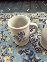 Load image into Gallery viewer, Set of 3 Vintage Stoneware Pottery Mugs – Handcrafted Blue Tulip Design, 4.5” Rustic Farmhouse Crock Cups, Country Kitchen Decor