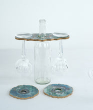 Load image into Gallery viewer, Handcrafted Resin Wine Glass Holder with Coasters Teal Green Stone Look Bar Accessory