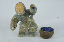 Load image into Gallery viewer, Alaska Inuit Soapstone Carving Hunter Figure With Bowl Signed A 4 Inch