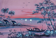 Load image into Gallery viewer, Vintage Signed Asian River Landscape Painting on Pink Fabric 16 x 11 5