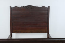 Load image into Gallery viewer, Antique Full Size Dark Wood Paneled Bed with Carved Headboard