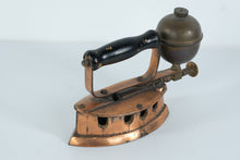 Load image into Gallery viewer, Antique European Brass & Copper Gas-Powered Flat Iron – Early 20th Century Self-Heating Iron with Wooden Handle