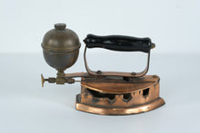 Load image into Gallery viewer, Antique European Brass & Copper Gas-Powered Flat Iron – Early 20th Century Self-Heating Iron with Wooden Handle