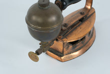 Load image into Gallery viewer, Antique European Brass & Copper Gas-Powered Flat Iron – Early 20th Century Self-Heating Iron with Wooden Handle