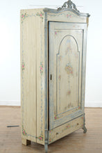 Load image into Gallery viewer, Antique Hand Painted Linen Cabinet Floral Armoire Distressed Blue Cream