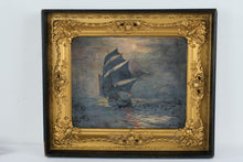 Load image into Gallery viewer, Antique Oil Painting Sailing Ship Moonlight Seascape Ornate Gold Frame 28x24