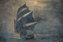 Load image into Gallery viewer, Antique Oil Painting Sailing Ship Moonlight Seascape Ornate Gold Frame 28x24