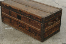 Load image into Gallery viewer, Antique Primitive Wood Steamer Trunk with Iron Hardware and Original Patina