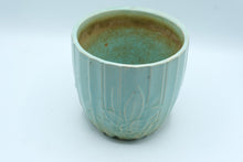 Load image into Gallery viewer, Vintage Aqua Blue Crackle Glaze Art Pottery Planter Floral Relief 7 Inch
