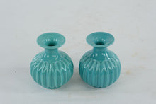 Load image into Gallery viewer, At Home Turquoise Ceramic Bud Vase Pair Ribbed Aqua 4 Inch
