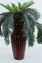 Load image into Gallery viewer, Tropical Palm in Red Bamboo Vase – 29” Faux Plant in Sculpted Wood Accent Planter