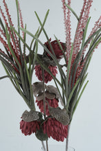 Load image into Gallery viewer, Tall Artificial Burgundy Floral Arrangement Pink Protea Flowers Glass Vase Centerpiece