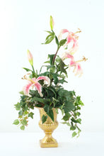 Load image into Gallery viewer, Artificial Pink Lily Floral Arrangement – 30” Tall in Gold Urn Planter
