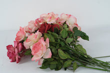 Load image into Gallery viewer, Artificial Rose Bouquet – Pink & Red Silk Roses with Green Stems – 12 Stems