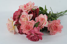 Load image into Gallery viewer, Artificial Rose Bouquet – Pink & Red Silk Roses with Green Stems – 12 Stems