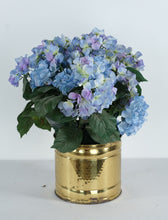 Load image into Gallery viewer, Artificial Blue & Lavender Hydrangea Arrangement in Brass Planter – 18” Tall Floral Display (9” x 9”)