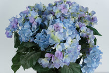 Load image into Gallery viewer, Artificial Blue & Lavender Hydrangea Arrangement in Brass Planter – 18” Tall Floral Display (9” x 9”)