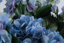 Load image into Gallery viewer, Artificial Blue & Lavender Hydrangea Arrangement in Brass Planter – 18” Tall Floral Display (9” x 9”)