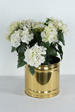 Load image into Gallery viewer, Artificial White Hydrangea Arrangement in Polished Brass Planter – 20” Tall Floral Display (10” x 10”)