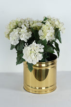 Load image into Gallery viewer, Artificial White Hydrangea Arrangement in Polished Brass Planter – 20” Tall Floral Display (10” x 10”)