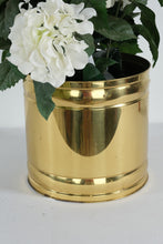 Load image into Gallery viewer, Artificial White Hydrangea Arrangement in Polished Brass Planter – 20” Tall Floral Display (10” x 10”)