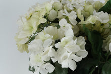 Load image into Gallery viewer, Artificial White Hydrangea Arrangement in Polished Brass Planter – 20” Tall Floral Display (10” x 10”)