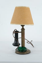 Load image into Gallery viewer, Vintage Brass Candlestick Telephone Table Lamp Green Glass Ashtray 1915 Patent Style