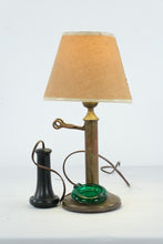 Load image into Gallery viewer, Vintage Brass Candlestick Telephone Table Lamp Green Glass Ashtray 1915 Patent Style
