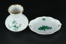 Load image into Gallery viewer, Augarten Vienna Hand-Painted Porcelain Vase & Trinket Dish Set – “Grüne Blume” Green Floral with Gold Trim
