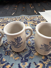 Load image into Gallery viewer, Set of 3 Vintage Stoneware Pottery Mugs – Handcrafted Blue Tulip Design, 4.5” Rustic Farmhouse Crock Cups, Country Kitchen Decor