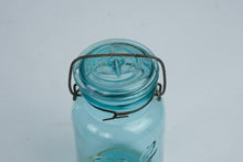 Load image into Gallery viewer, Antique Ball Ideal Blue Glass Mason Jar with Glass Lid and Wire Bail
