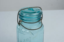 Load image into Gallery viewer, Antique Ball Ideal Blue Glass Mason Jar with Glass Lid and Wire Bail