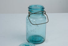 Load image into Gallery viewer, Antique Ball Ideal Blue Glass Mason Jar with Glass Lid and Wire Bail