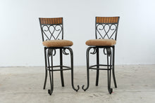 Load image into Gallery viewer, Pair of Swivel Bar Height Metal and Wood Bar Stools