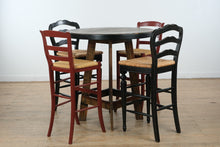 Load image into Gallery viewer, One-of-a-Kind Rustic Round Bar Table with Mixed Designer Bar Stools Set
