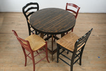 Load image into Gallery viewer, One-of-a-Kind Rustic Round Bar Table with Mixed Designer Bar Stools Set