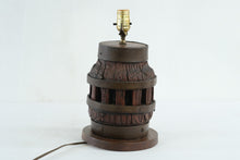 Load image into Gallery viewer, Vintage Rustic Wood Barrel Table Lamp Metal Bands 14 Inch