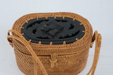 Load image into Gallery viewer, Handwoven Rattan Basket Purse Black Carved Floral Lid Shoulder Bag 6 by 4